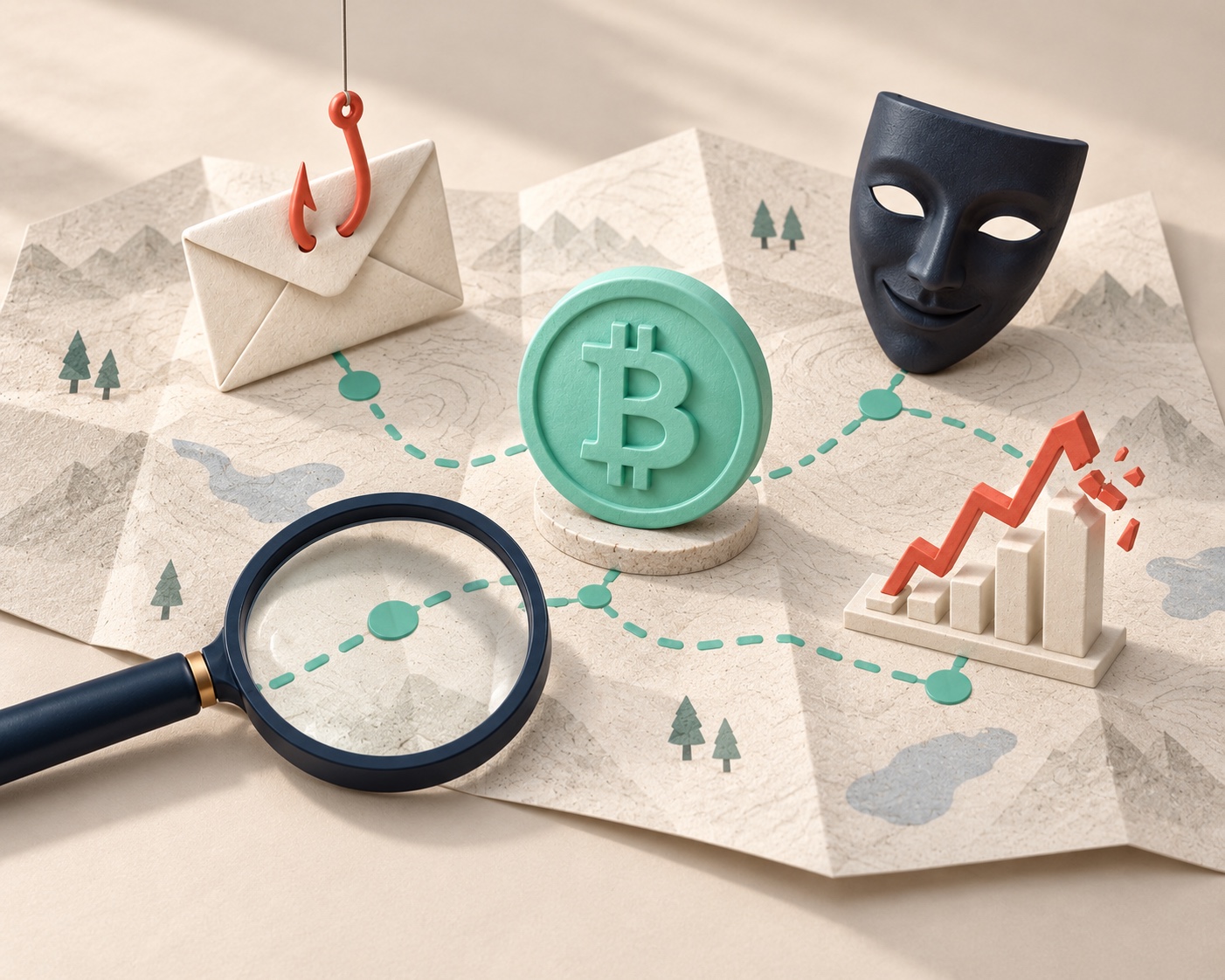 Mapa zagrożeń kryptowalutowych z Bitcoinem, kopertą phishingową, czarną maską i załamującym się wykresem